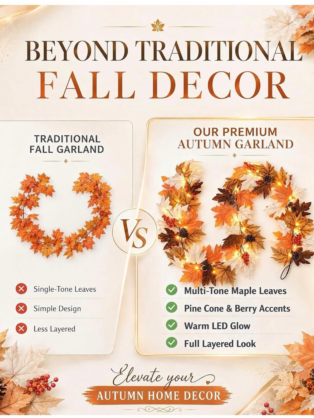 Premium Autumn Maple Leaf Garland - Orange Fall Decor